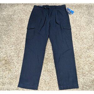 NEW Nautica Pants Mens 32x32 Navy Blue Linen Cotton Cargo Classic Fit Pleated